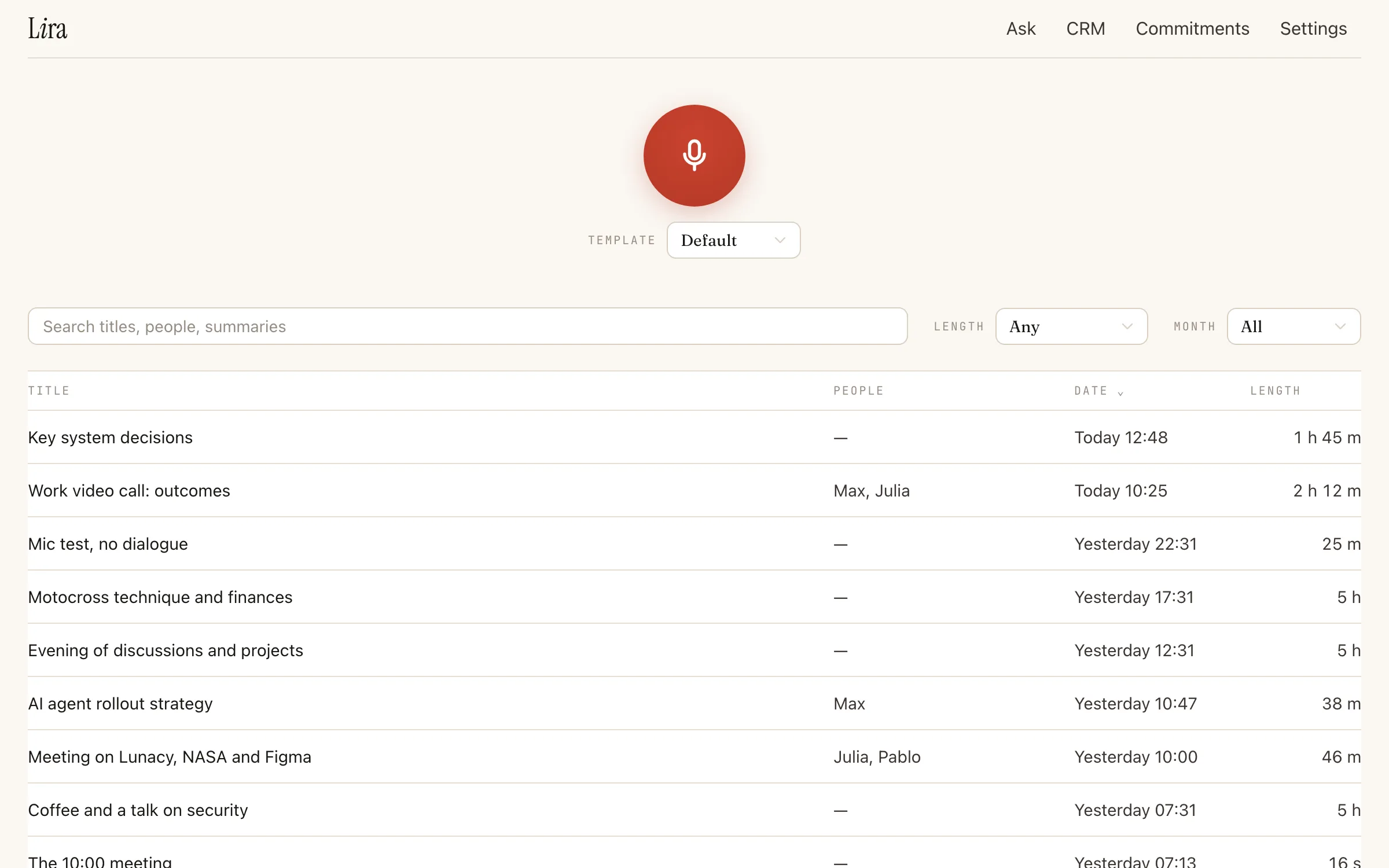 Lira in the browser: the recordings list.